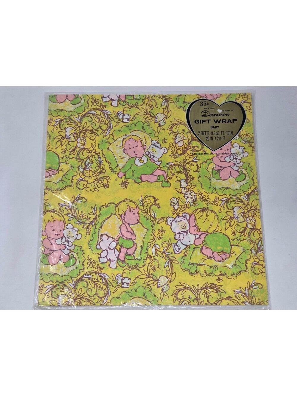 Vintage Dennison Baby Gift Wrap 2 Sheets 20 in x 2.5 ft Yellow Floral Baby Print